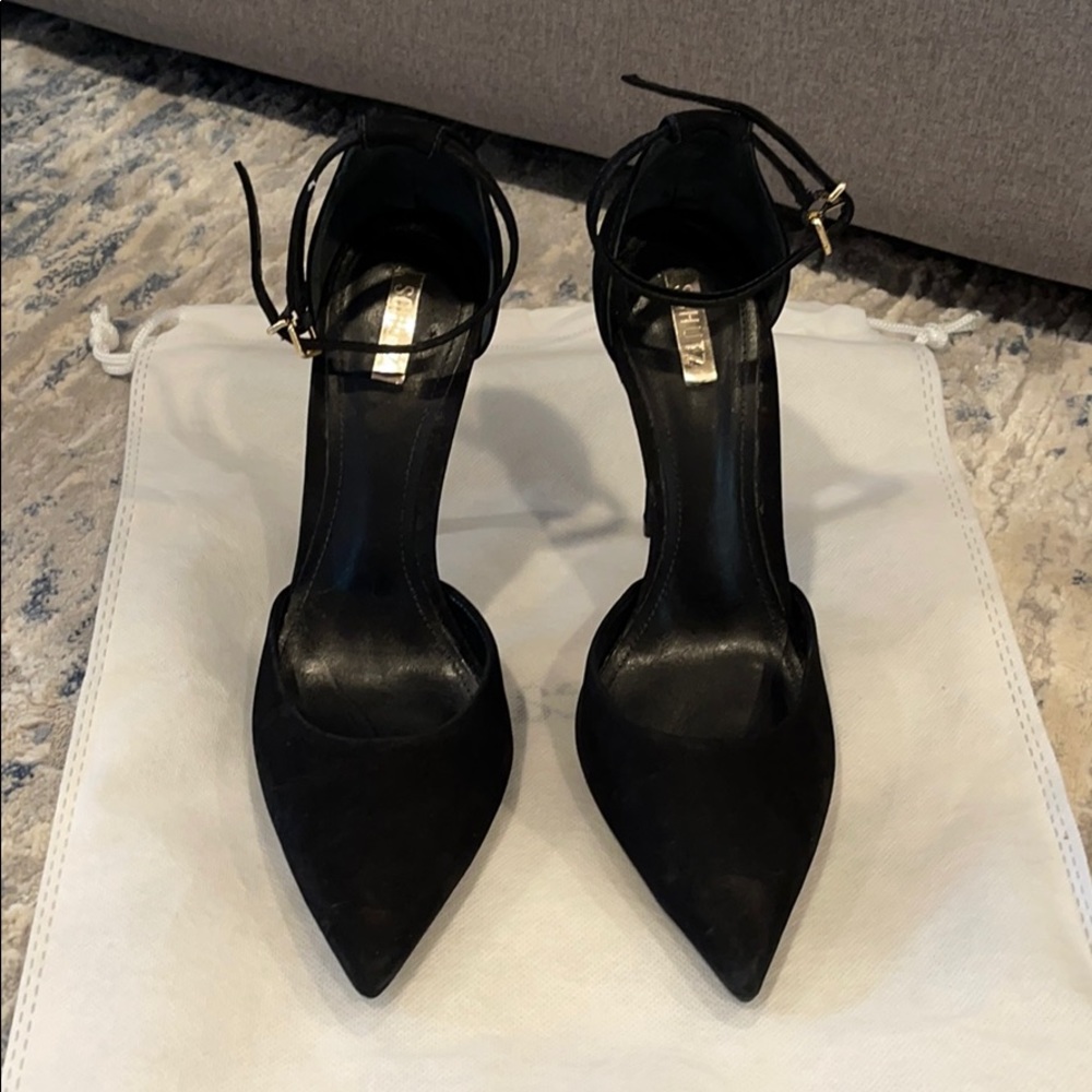 Schutz black suede strappy pumps